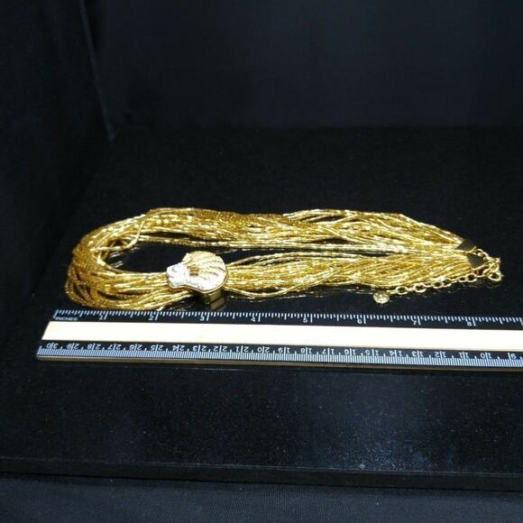 Vintage Talbots Gold Glass Bugle Beaded Necklace White Bead Shell Side Pendant - Picture 5 of 8